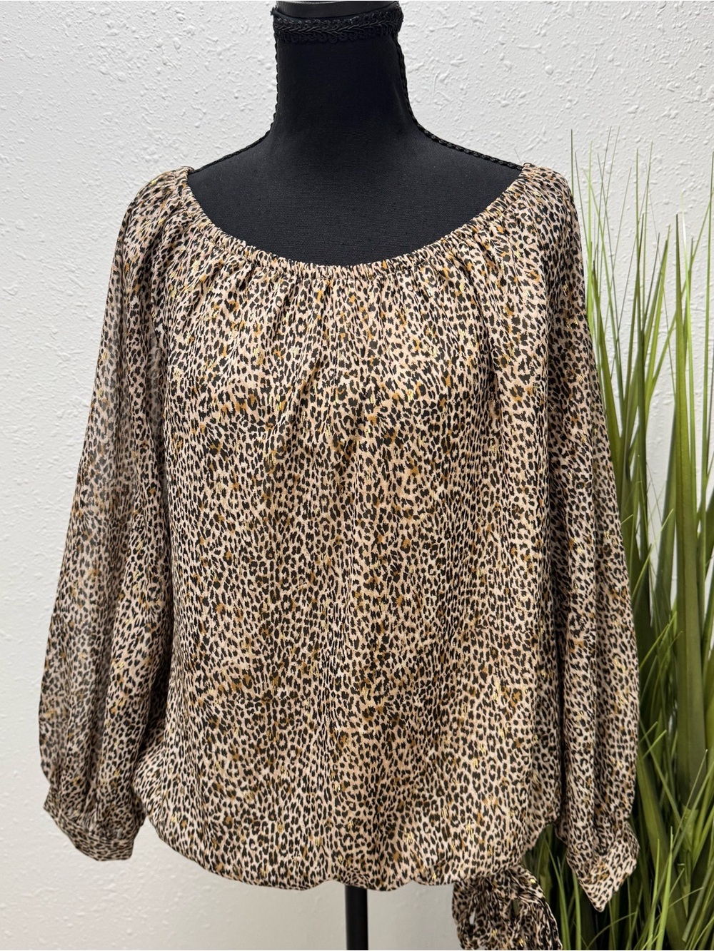 CeCe Beige and Black Leopard Print Peasant off the Shoulders Blouse